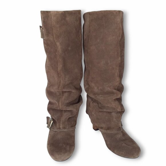 Naughty Monkey Suede Boots Size 8 Brown Slouchy Mid Calf Buckles Pull On Pirate - Picture 1 of 14